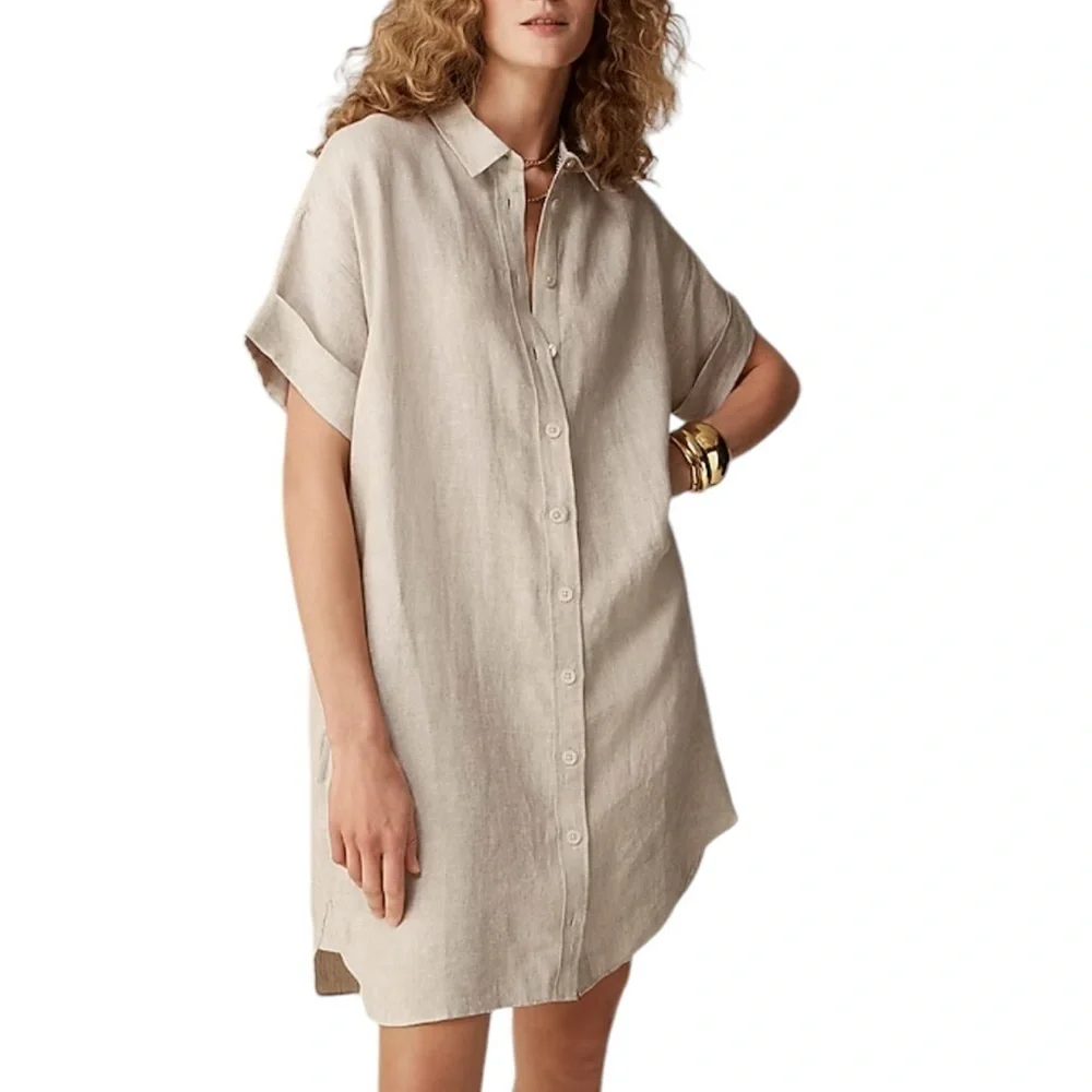 Button-Front Tie Waist Linen Dress in Light Beige